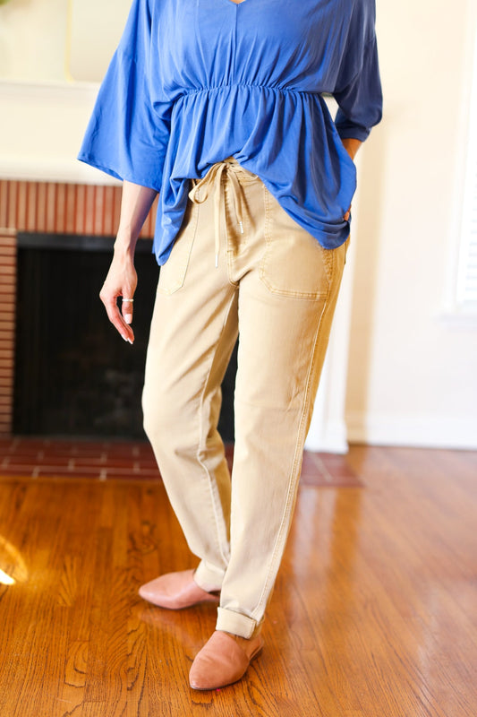 Judy Blue Feeling Femm' Khaki Garment Dyed Drawstring Jogger Jeans