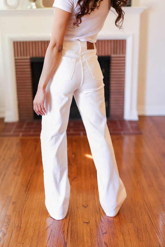 Judy Blue Above & Beyond White Braided Waist Wide Leg Jeans