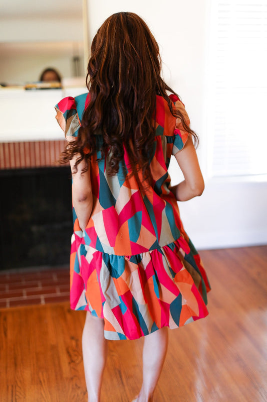 Stand Out Magenta & Teal Geometric Yoke Woven Dress