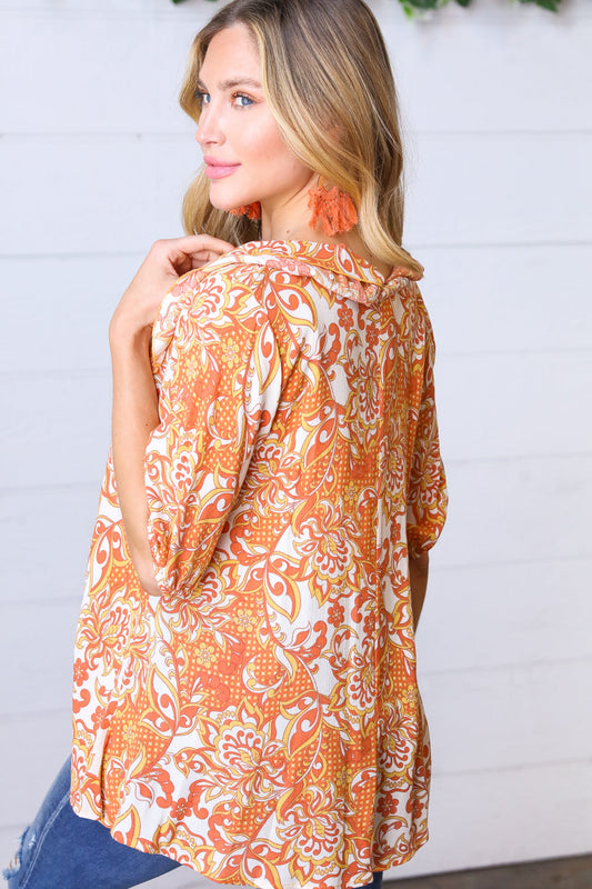 Sunset Orange Boho Ruffle Woven Top