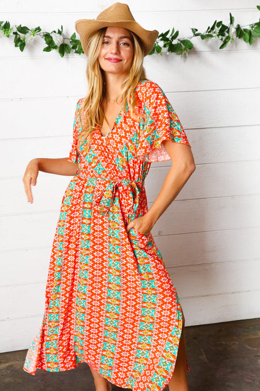 Orange Boho Print Surplice Sash Belt Midi Dress