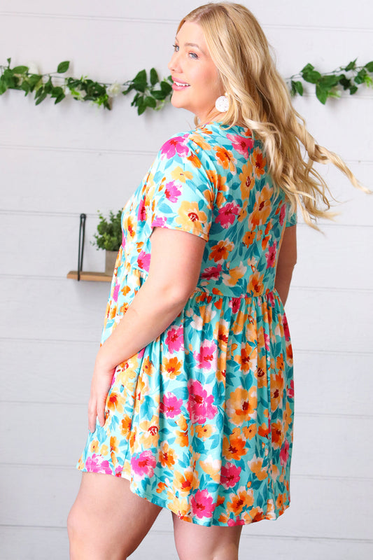 Teal & Magenta Floral Babydoll Fit and Flare Dress