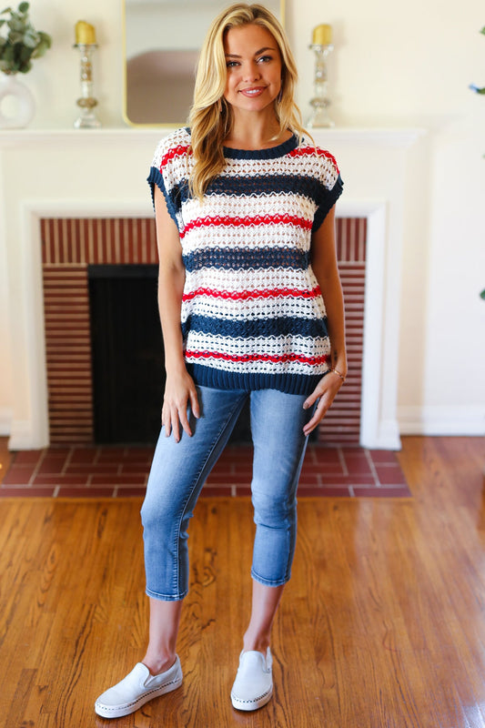 Holiday Ready Red White & Blue Striped Crochet Top