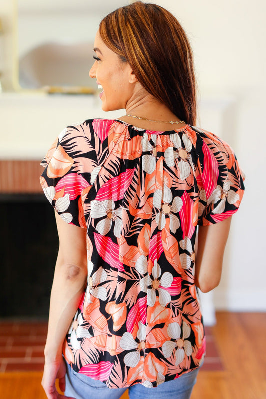 Peach Tropical Floral Tie Neck Raglan Top