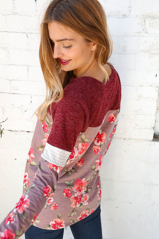 Two Tone Textured Yoke Raglan Floral Top