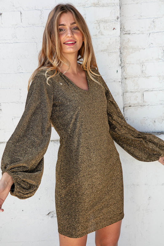 V Neck Bubble Sleeve Gold Glitter Bodycon Dress