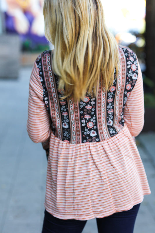 Rust Boho Floral Stripe Two Tone Bell Sleeve Top