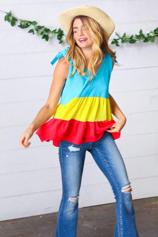 Multicolor Tiered Shoulder Tie Bow Crepe Top