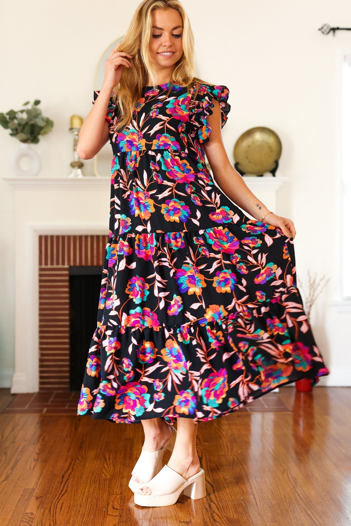 Just A Dream Black Floral Print Smocked Ruffle Sleeve Maxi Dress