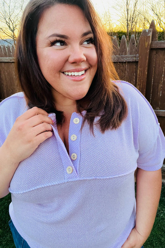 Lilac Two Tone Knit Button Down Outseam Top