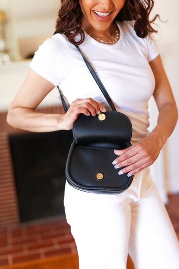 Black Flap Magnetic Snap Closure Structured Crossbody Bag