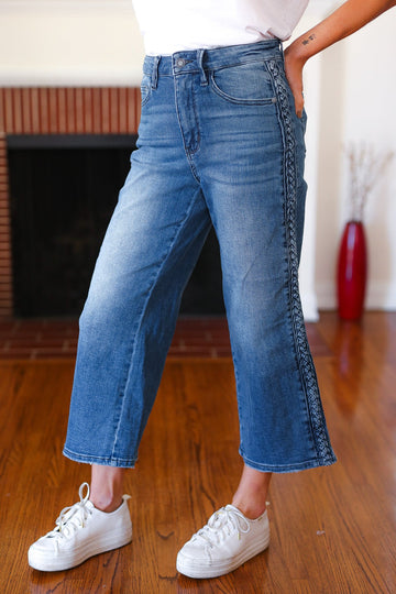 Judy Blue Medium Wash Braided Cropped Wide Leg Jeans