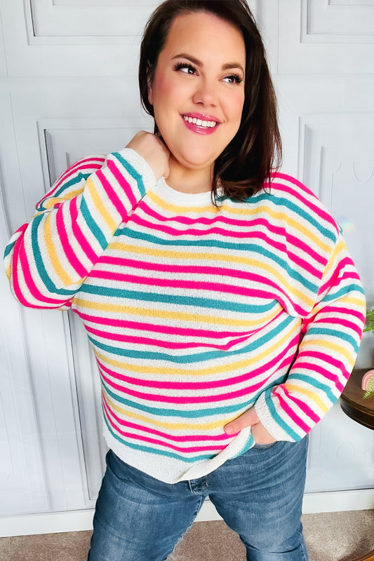 Bold & Sassy Fuchsia Multi Stripe Pullover Sweater