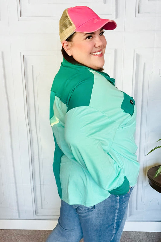 On The Way Up Mint Color Block Button Down Pullover