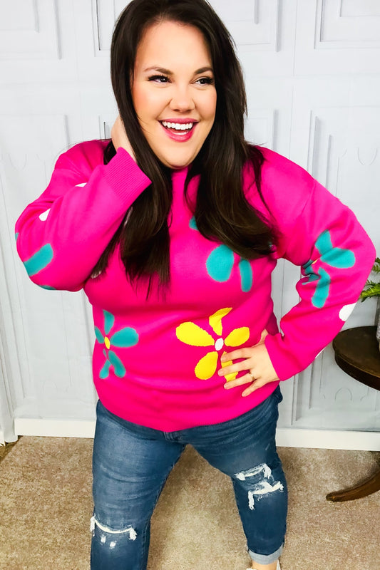 Flower Power Hot Pink Daisy Jacquard Pullover Sweater