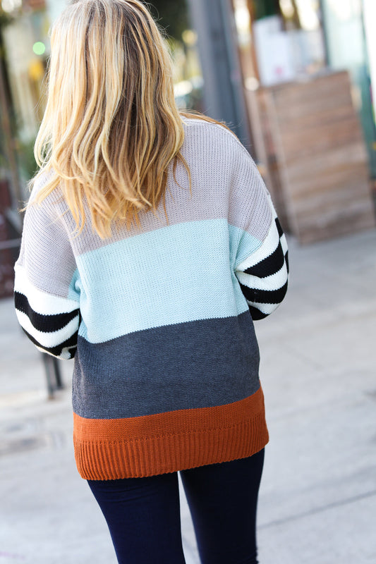 Mint Multicolor Stripe Bubble Sleeve Oversize Sweater