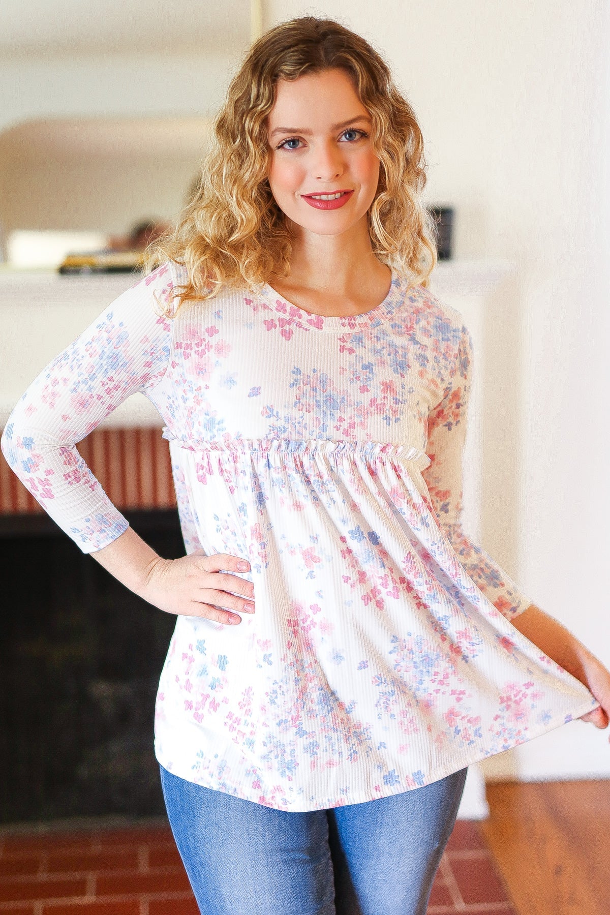 Feeling Fun Blue & Pink Floral Ribbed Babydoll Ruffle Top