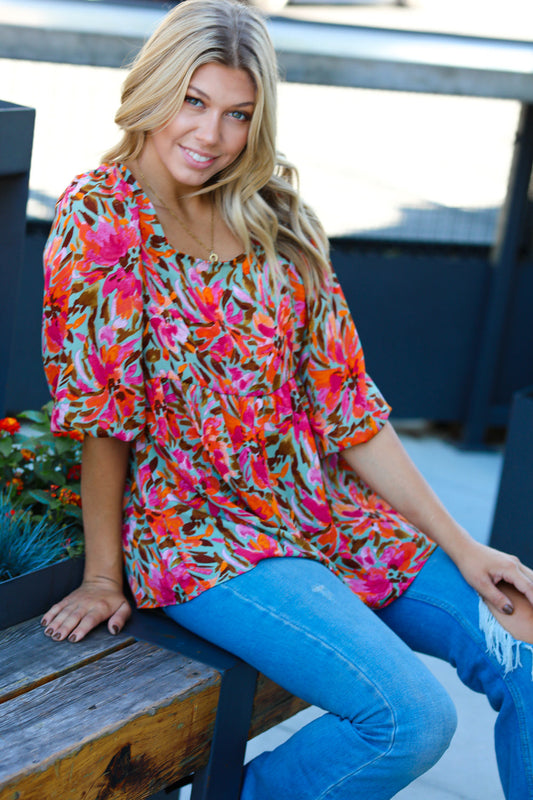 Sage Floral Chiffon Three Quarter Sleeve Peplum Top