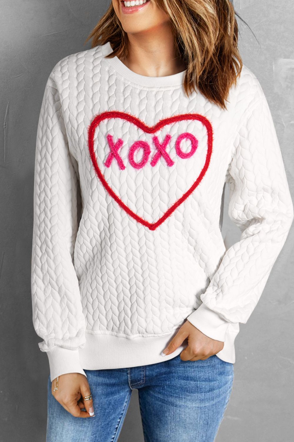 XOXO Heart Round Neck Dropped Shoulder Sweatshirt